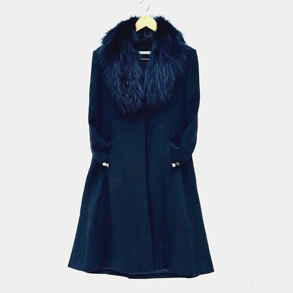 Alice + Olivia Fox Fur Mob Wife Long Wool Trench Coat Jacket Button Medium Black - Picture 1 of 14